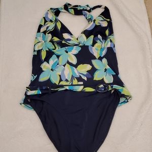 Dark Blue Tankini with Green Flowers